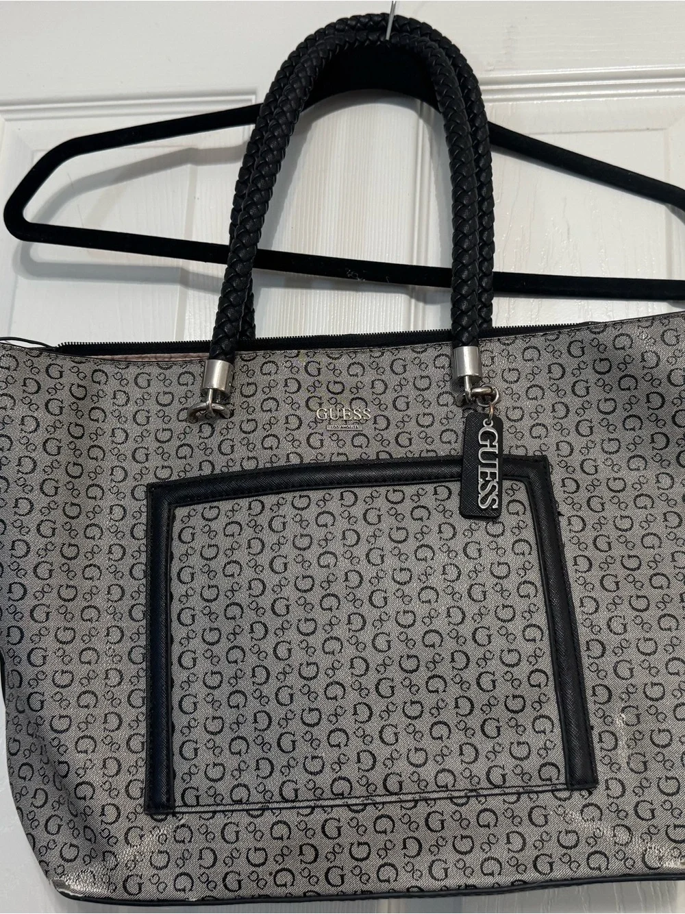 GUESS Gray Monogram Tote with Black Trim and Braided Handles